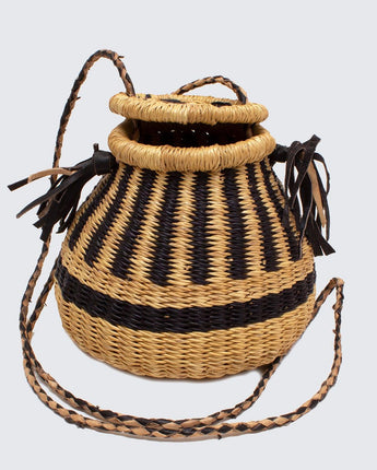 Ghanaian Bolga Pot Bag With Leather Handles 'Natural Stripe'-Shopping Basket-AARVEN