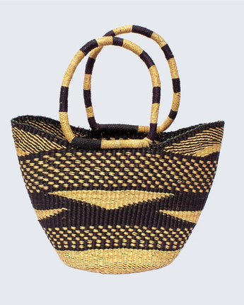 Ghanaian Medium Bolga Shopping Basket With Handles 'Black & Natural Triangle'-Shopping Basket-AARVEN