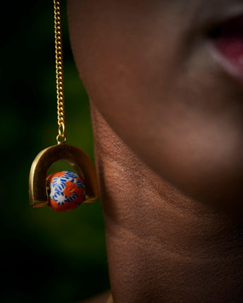 Ghanaian Pendulum Drop Earrings 'Orange and Blue Floral'-Earrings-AARVEN