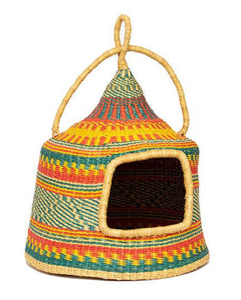 Ghanaian Woven Cat Basket Bed 'Blue Pyramids'-Pet Bed-AARVEN