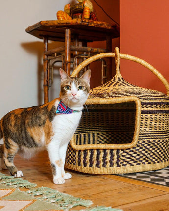Ghanaian Woven Cat Basket 'Bolga Mono'-Pet Bed-AARVEN