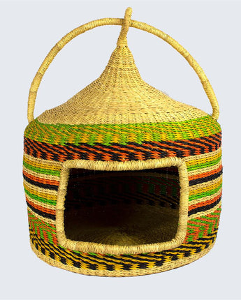 Ghanaian Woven Cat Basket 'Fruit Carnival'-Pet Bed-AARVEN