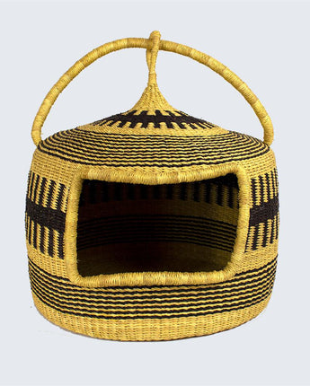 Ghanaian Woven Cat Basket 'Malva Mono'-Pet Bed-AARVEN