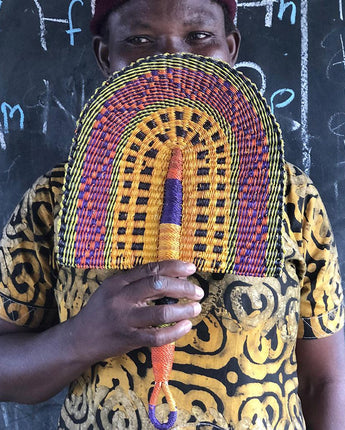 Ghanaian Woven Grass Fan 'Orange Maze'-Fan-AARVEN