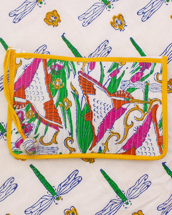Indian Block Printed Medium Pouch 'Kingfisher'-Pouch-AARVEN