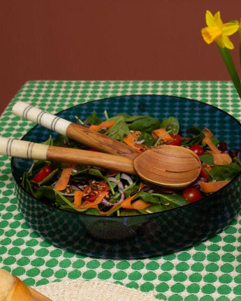 Olive Wood and White Large Batik Round Salad Servers-Salad Servers-AARVEN