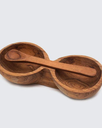 Olive Wood Double Bowl With Spoon-Bowl-AARVEN
