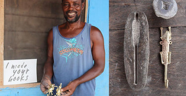 Ghanaian brass caster George in Kumasi, Ghana holding AARVEN's original brass designs