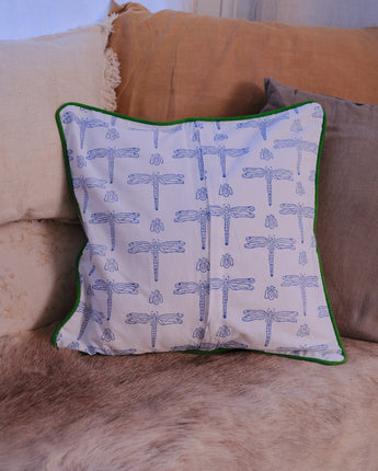 Indian Organic Cotton 45cm x 45cm Piped Cushion Cover 'Dragonfly'