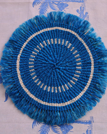 Handwoven Sisal Circle Table mat/Placemat 'Royal Blue Fringed'