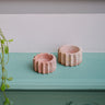 Two pink soapstone tea light candle holders carved in a star shape, displayed on a green surface alongside a plant pot and a gray curtain in the background.