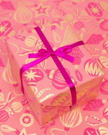 Pink Vintage Baubles Hand Printed Gift Wrap