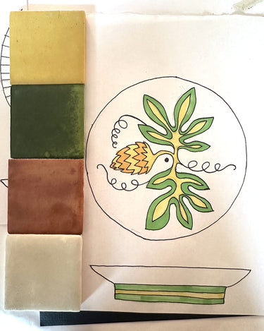 AARVEN passion flower ceramic dish design, hand drawn with coloured tiles