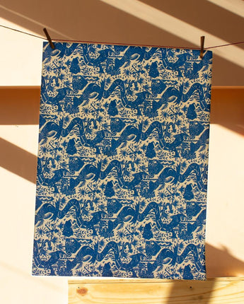 Blue Safari Toile Hand Printed Gift Wrap