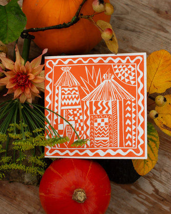AARVEN orange New Home greeting card featuring bold African-inspired design and eco-friendly materials.