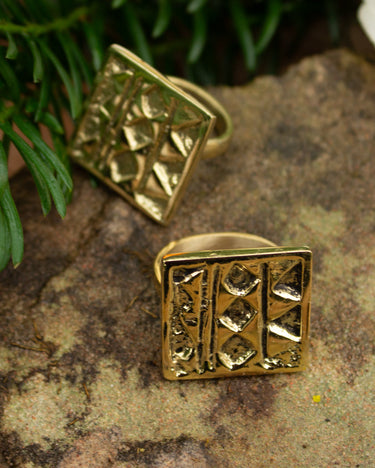 Two gold rings with geometric designs on a stone surface with greenery.