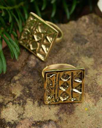 Two gold rings with geometric designs on a stone surface with greenery.