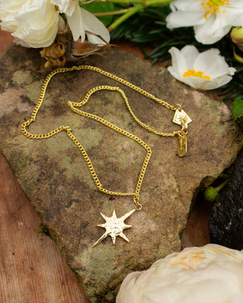 Gold necklace with star pendant on a stone surface with flowers in the background