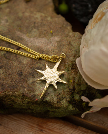 Gold star-shaped charm on a chain lying on a rock with a shell and flower in the background.