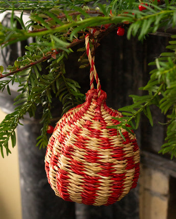 Ghanaian Handwoven Christmas Ornament 'Candy Cane Check'
