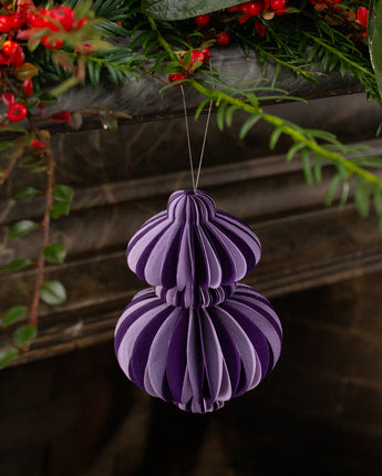 Lilac paper bauble decoration for festive sustainable christmas decoration.