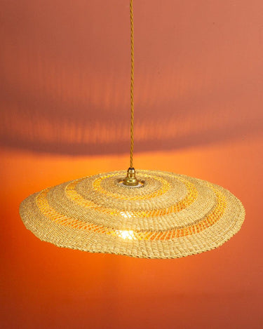 Artisan handwoven flat rattan ceiling light shade in neutral tones