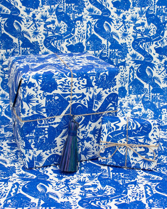 Blue Safari Toile Hand Printed Gift Wrap