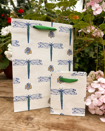 Hand Printed Recycled Paper Gift Bag 'Dragonflies'