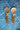 Wooden spoon and fork with striped handles on a blue and white wavy patterned surface