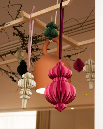 Decorative paper lanterns hanging from a ceiling fixture.