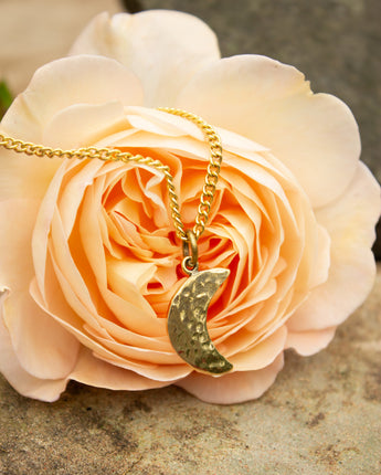 Gold necklace with a crescent moon pendant on a peach rose.