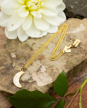 Gold necklace with a crescent moon pendant on a stone surface with a white flower and green leaves.