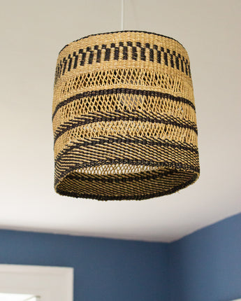 Handwoven monochrome Kambuchari wicker lightshade made in Ghana