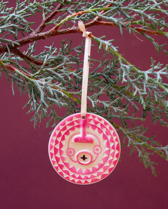 Kenyan Soapstone Christmas Tree Decoration 'Sun Masks - Pink'