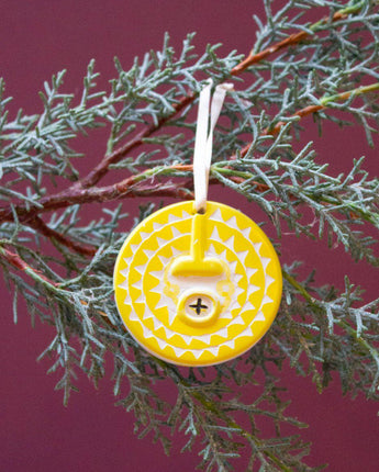 Kenyan Soapstone Christmas Tree Decoration 'Sun Masks - Yellow'