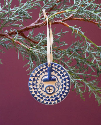 Kenyan Soapstone Christmas Tree Decoration 'Sun Masks - Blue'