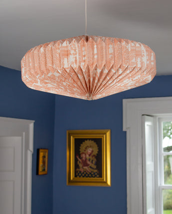 Handcrafted paper lampshade featuring delicate Indian Toile pattern