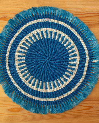 Handwoven Sisal Circle Table mat/Placemat 'Royal Blue Fringed'