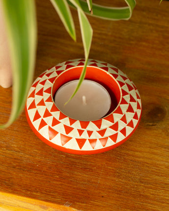 Kenyan Soapstone Tea Light Candle Holder 'Orange Sun Mask'