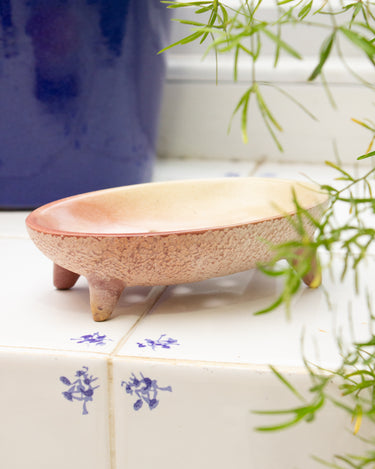 AARVEN handmade pink soapstone soap dish on a tiled surface with a plant in the foreground.