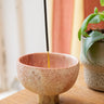 Ceramic incense burner with a lit incense stick on a wooden surface, with a plant in the background.