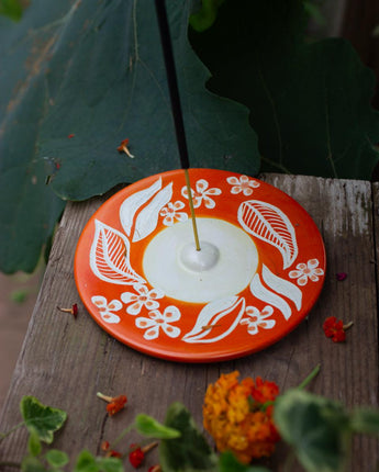 Kenyan Soapstone Round Incense Holder 'Orange Floral'