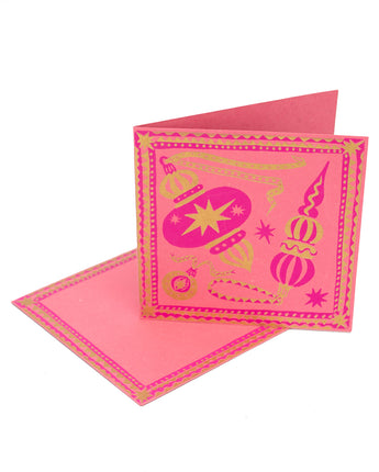 Vintage Baubles Hand Printed Greetings Card 'Pink'