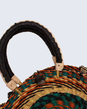 Ghanaian Bolga Circular Basket With Leather Handles 'Teal and Orange'-Shopping Basket-AARVEN