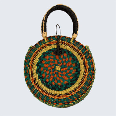 Ghanaian Bolga Circular Basket With Leather Handles 'Teal and Orange'-Shopping Basket-AARVEN