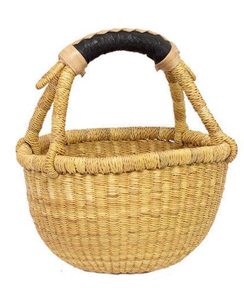 Ghanaian Bolga Shopping Basket With Leather Handle 'Biscotti'-Shopping Basket-AARVEN