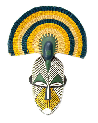 Ghanaian Hand Carved Mask With Woven Crown 'Blue, Green & Yellow'-Mask-AARVEN