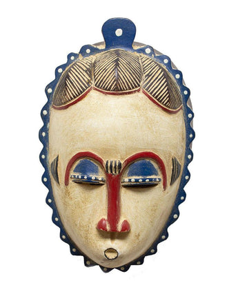 Ghanaian Hand Carved Painted Lady Mask 'Blue, White & Red'-Mask-AARVEN