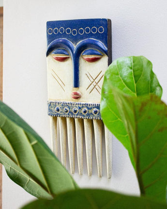 Ghanaian Hand Carved Wooden Comb Mask 'Blue, White & Red'-Mask-AARVEN