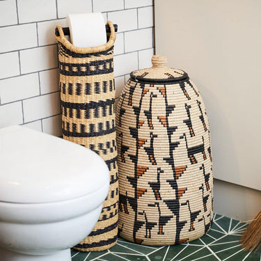 Ghanaian Hand Woven Tubular Toilet Roll Holder 'Geometric'-Storage Basket-AARVEN